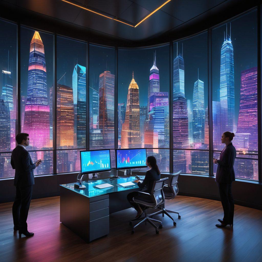 A futuristic office setting with a sleek glass desk and a large interactive digital screen displaying vibrant financial charts and graphs. In the foreground, a diverse group of professionals engage in a lively discussion, analyzing real-time data trends. The background features floor-to-ceiling windows showing a bustling city skyline. Enhance the scene with glowing elements and sharp contrasts. super-realistic. vibrant colors. 3D.