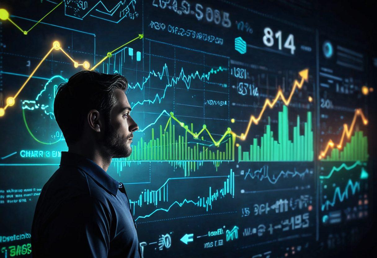 A dynamic and intricate financial chart showcasing various data trends, overlaid with colorful arrows and icons symbolizing investments and growth. Include a human silhouette strategically analyzing the chart with a glowing light bulb above to represent 'mastering data visualization'. The background should be an abstract blend of green and blue tones to symbolize finance and technology. super-realistic. vibrant colors. 3D.