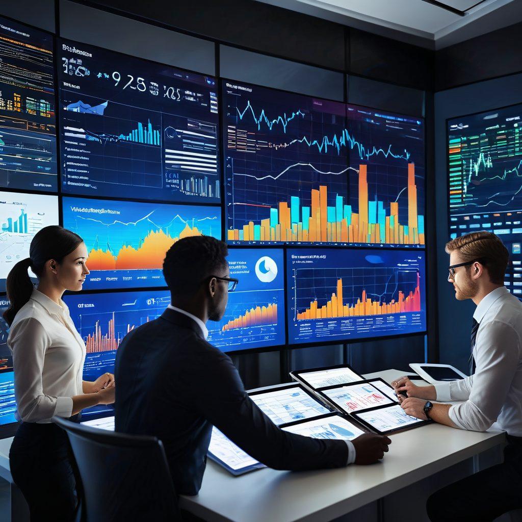 A dynamic infographic showcasing a diverse group of business professionals analyzing data on digital screens, with colorful graphs and charts depicting trends and insights. In the background, a city skyline represents growth and investment opportunities. Warm, inviting lighting enhances the atmosphere of collaboration and decision-making. super-realistic. vibrant colors. 3D.